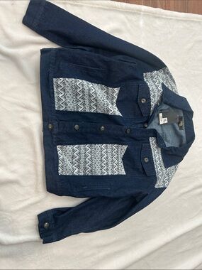 L&B Navy Blue Denim Jacket with White Patterned Panels